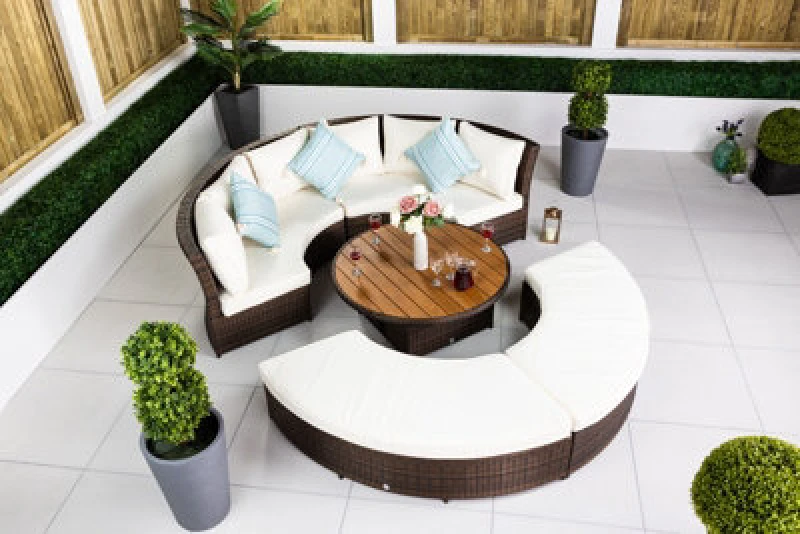 Image of Giardino 2-In-1 Round Rattan Garden Sofa Daybed Set With Adjustable Table, Water-Resistant, Assembled - Brown