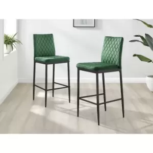 Image of Set of 2 Furniturebox Milan Bar Stools In Green Velvet With Black Metal Legs Contemporary Hatched Diamond Pattern Stitching Dining Living Breakfast