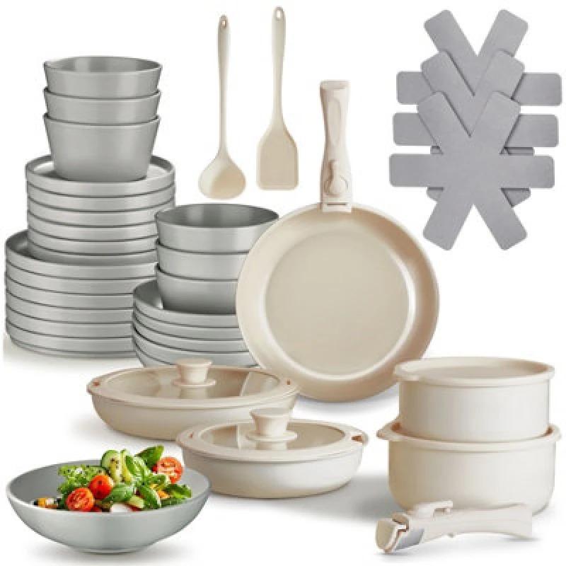 Image of Tectake Kitchen Starter Set For 6 People With Crockery, Pots And More - Grey/white