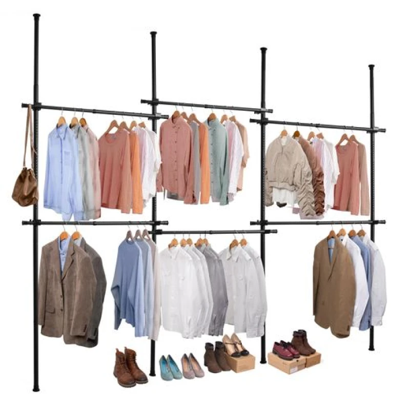 Image of Direct Online Houseware Triple Telescopic Black Wardrobe Organiser Hanging Rail Clothes Rack Adjustable Storage Shelving