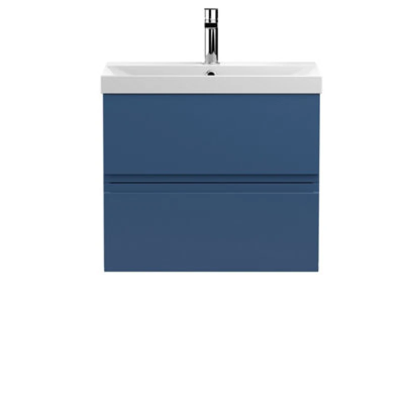 Image of Hudson Reed Urban Wall Hung 2 Drawer Vanity Unit With Thin-Edge Ceramic Basin, Modern Bathroom Furniture In Satin Blue, 600mm