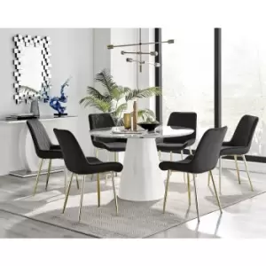 Image of Furniturebox Palma White Marble Effect 120cm Round Minimalist Dining Table & 6 Black Pesaro Gold Leg Velvet Chairs