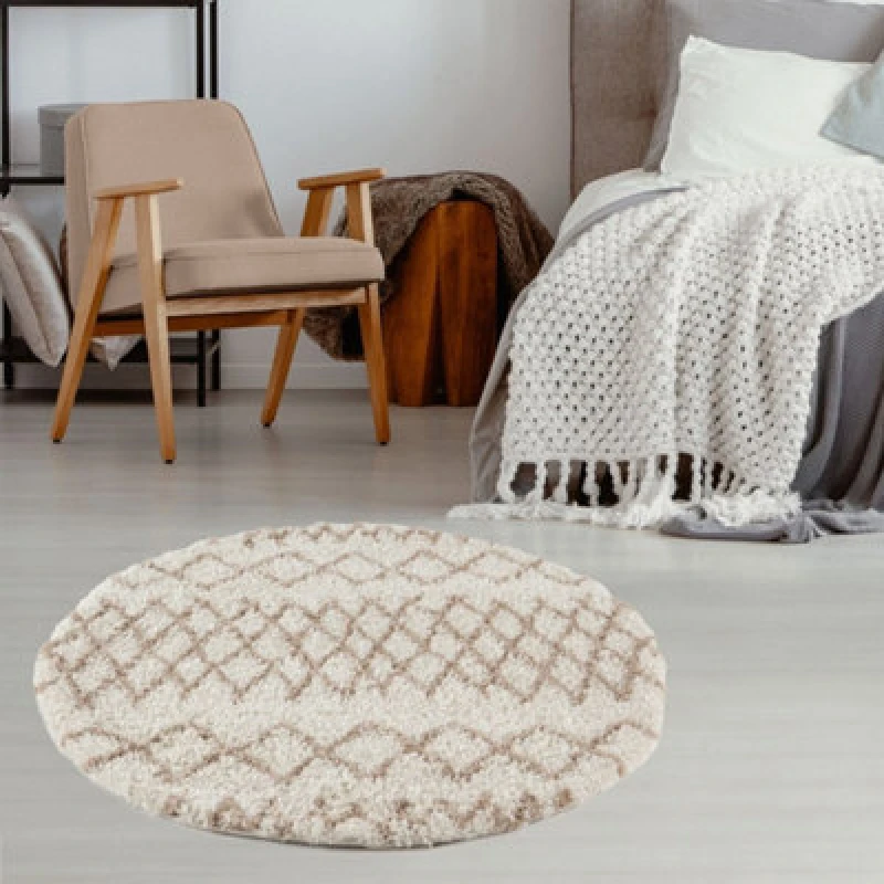 Image of THE RUGS Soft Tangier Shaggy Rugs & Runners Ivory & Beige Living Room Size: 120cm diameter Ivory Unisex 120cm diameter