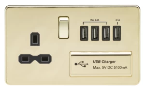Image of KnightsBridge 2G 13A Screwless Polished Brass 1G Switched Socket with Quad 5V USB Charger Ports - White Insert