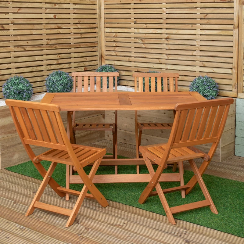 Image of Outdoor 4 Person Folding Rectangular Wooden Garden Patio Dining Table Chairs Set