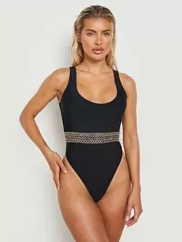 Image of Boohoo Embellished Trim Scoop Neck Swimsuit - Black, Size 8, Women
