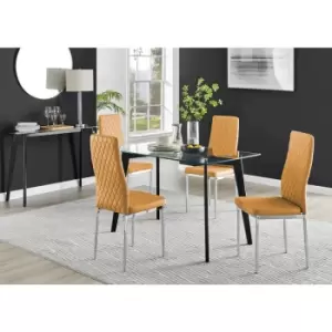 Image of Furniturebox Malmo Rectangular Glass and Black Wooden Leg Modern Industrial Dining Table & 4 Mustard Milan Chrome Leg Faux Leather Chairs