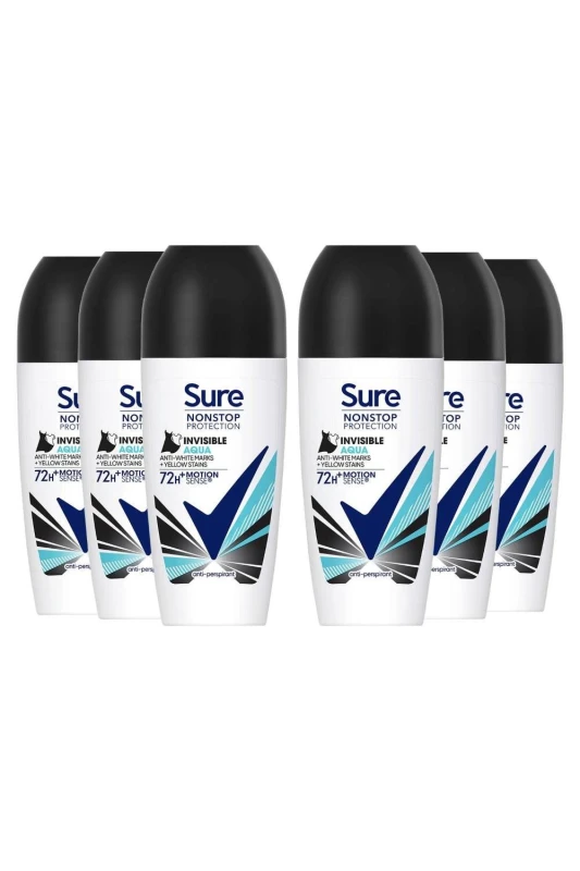 Image of Sure Women Motion Sense 'Deodorant Roll on' 72H, Invisible Aqua, 6x50ml White female