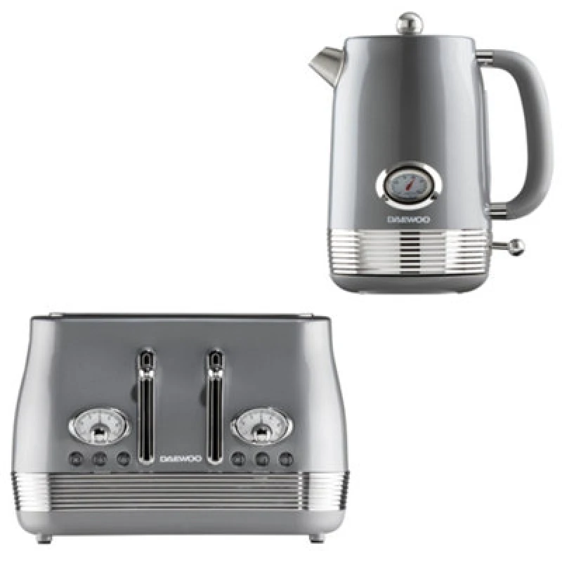 Image of Daewoo Daewoo 'Denver' Retro Matching Kettle and Toaster Set 1.5L Rapid Boil 4 Slice in Grey Grey One Size Unisex 5024996990447