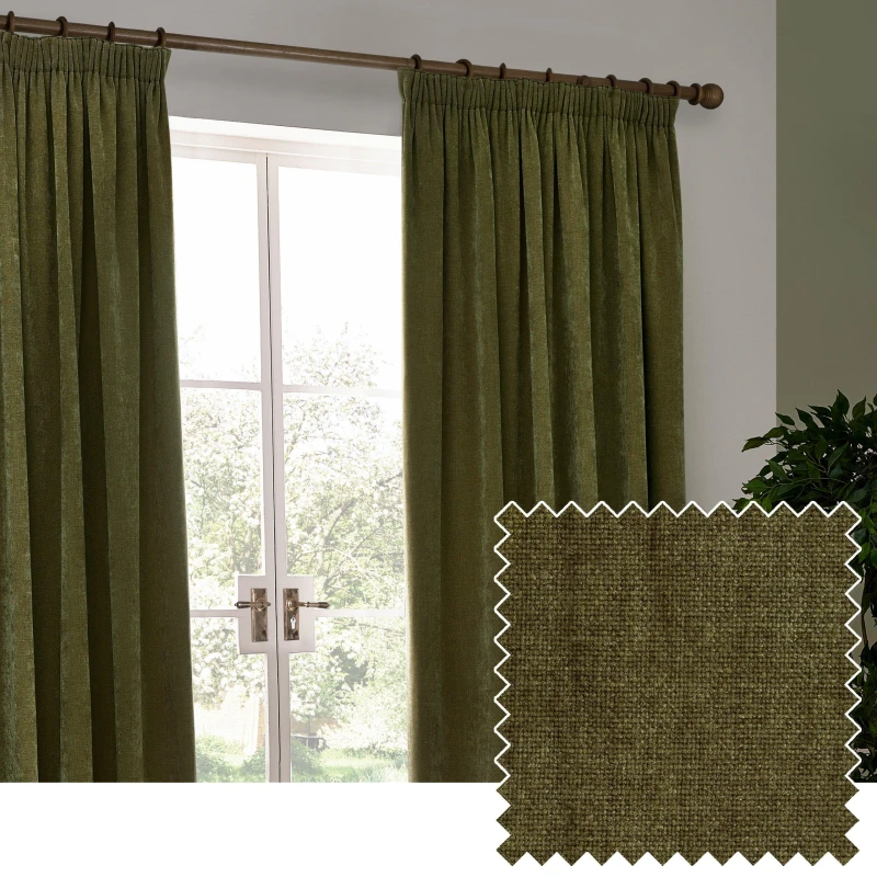 Image of Yard Heavy Chenille Fully Lined Pencil Pleat Curtains Olive 168Cm Width 229Cm Drop, Green 5025532819215