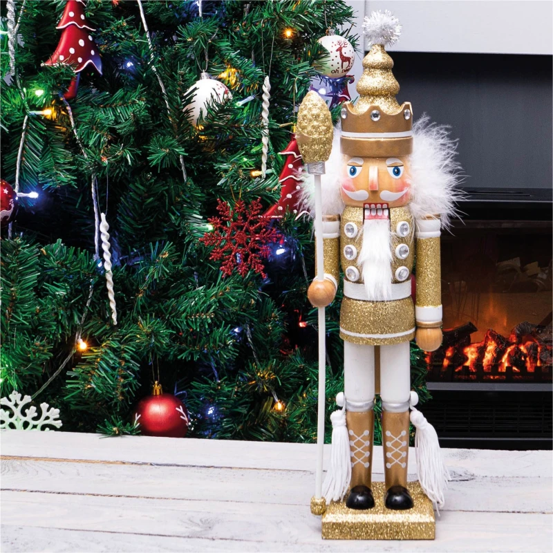 Image of St Helens 40cm Traditional Christmas Nutcracker Wooden Soldier Decoration Gold and White ELV-393454