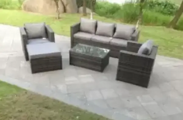 Image of Fimous 5 Seater Outdoor Dark Grey Rattan Lounge Complete Sofa Set with Oblong Coffee Table and Big Footstool