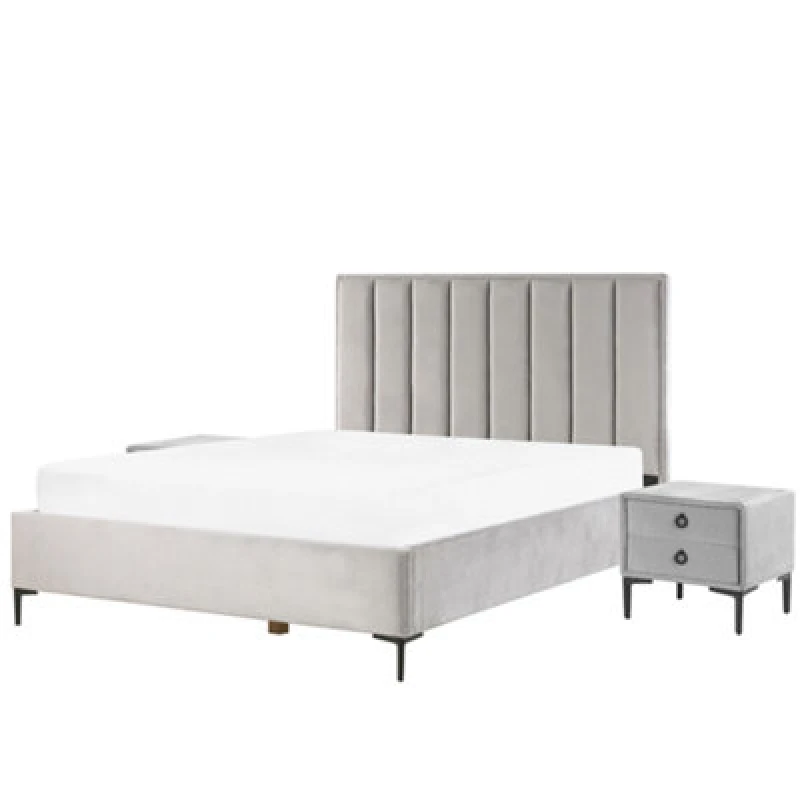 Image of Beliani Bedroom Set Velvet Sezanne 160 X 200 Cm (Eu King Size) Light Grey