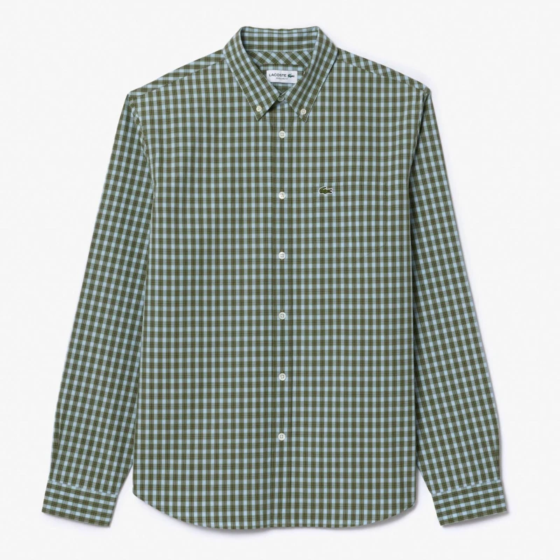 Image of Lacoste Regular-Fit Plaid Poplin Shirt Khaki male 16