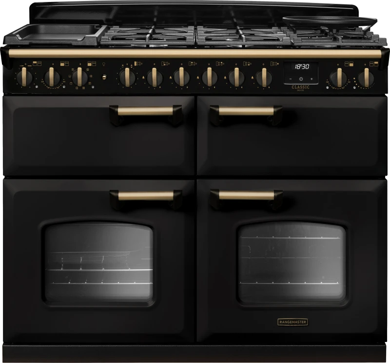 Image of Rangemaster Classic Deluxe 110 CLDLB110DFPCBL/AB1 110cm wide Dual Fuel Range Cooker with Gas Hob - Charcoal Black / Antique Brass - A/A/A Rated