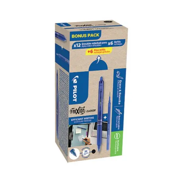 Image of Pilot Pilot FriXion Ball Clicker Rollerball Bonus Pack Box 12 Pens +12 Refills Blue (Pack of 24) WLT435846 WLT435846