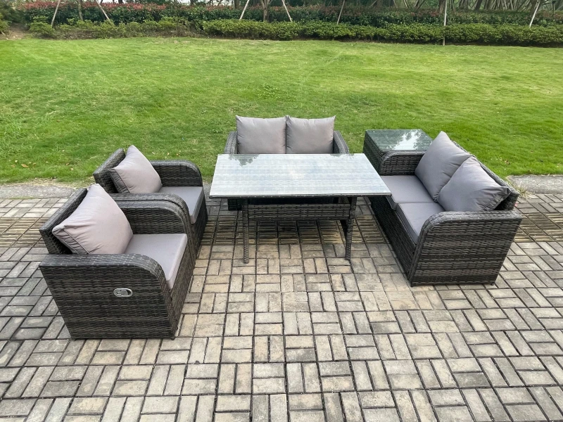 Image of Fimous Rattan Outdoor Furniture Garden Dining Set Rectangular Table & Chair Sofa Set With Side Table Dark Grey Mixed Dark Grey Unisex