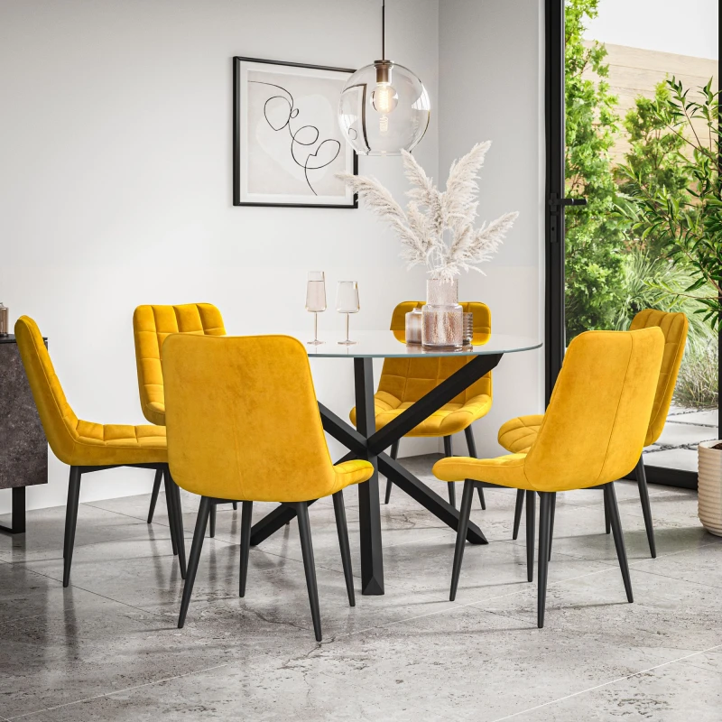 Image of More4Homes Malvern Round Dining Table And Chairs - Clear Glass Table Top W Solid Black Oak Legs + 6 Nova Velvet Dining Chairs (Mustard)