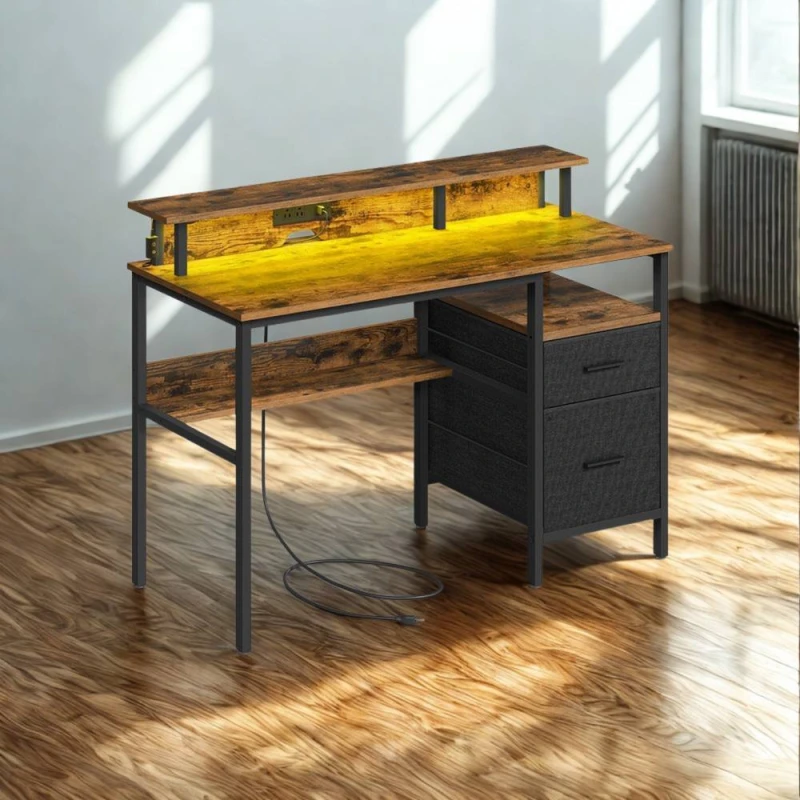 Image of Pirlo Plush Industrial 120CM Computer Desk With USB Outlets & LED Lights in Brown Brown Unisex