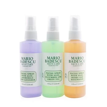 Image of Mario Badescu Spritz. Mist. Glow. Set: Facial Spray With Aloe, Cucumber And Green Tea + Facial Spray With Aloe, Herbs & Rosewater + Facial Spray With