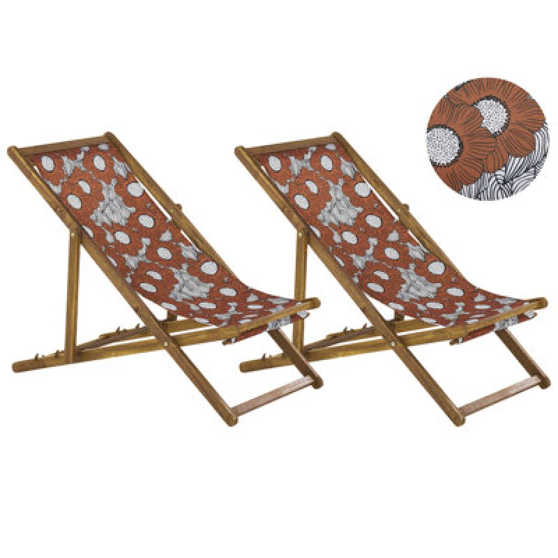 Image of Beliani Set Of 2 Folding Deck Chairs Anzio With Replacement Fabrics Floral Motif Acacia Wood Light Brown