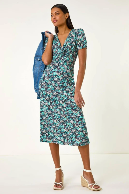Image of Roman Womens Floral Front Twist Stretch Midi Dress in Navy Size: 10 Navy Female 10