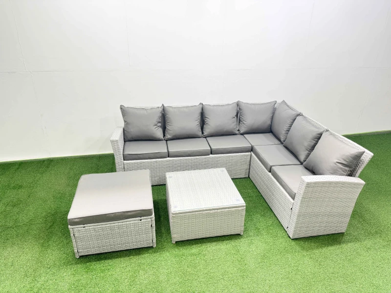 Image of Fimous Garden Outdoor PE Rattan Furniture Set 7 Seater Rattan Garden Sofa Set in Light Grey Light Grey Unisex