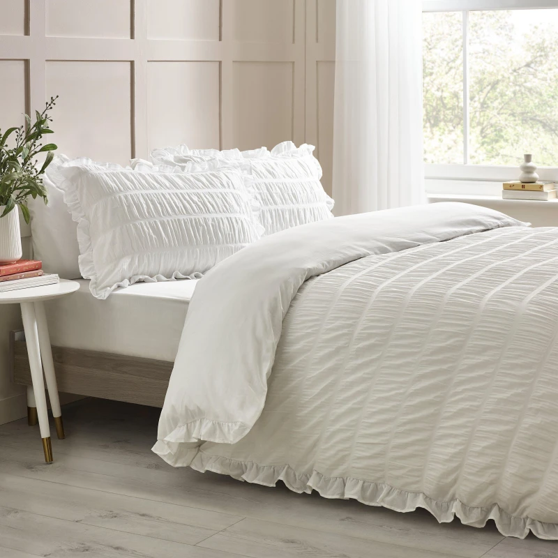 Image of Catherine Lansfield Seersucker Frill Easy Care Duvet Cover Bedding Set White