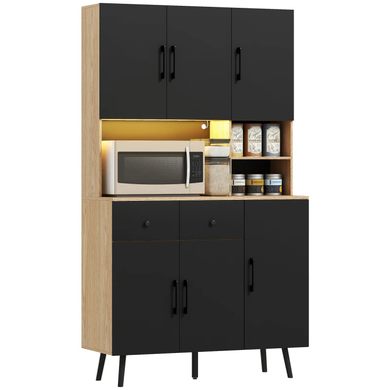 Image of HOMCOM HOMCOM Tall Kitchen Cupboard with LED Lights and Adjustable Shelves, Oak in Black One Size Unisex 5063603798250