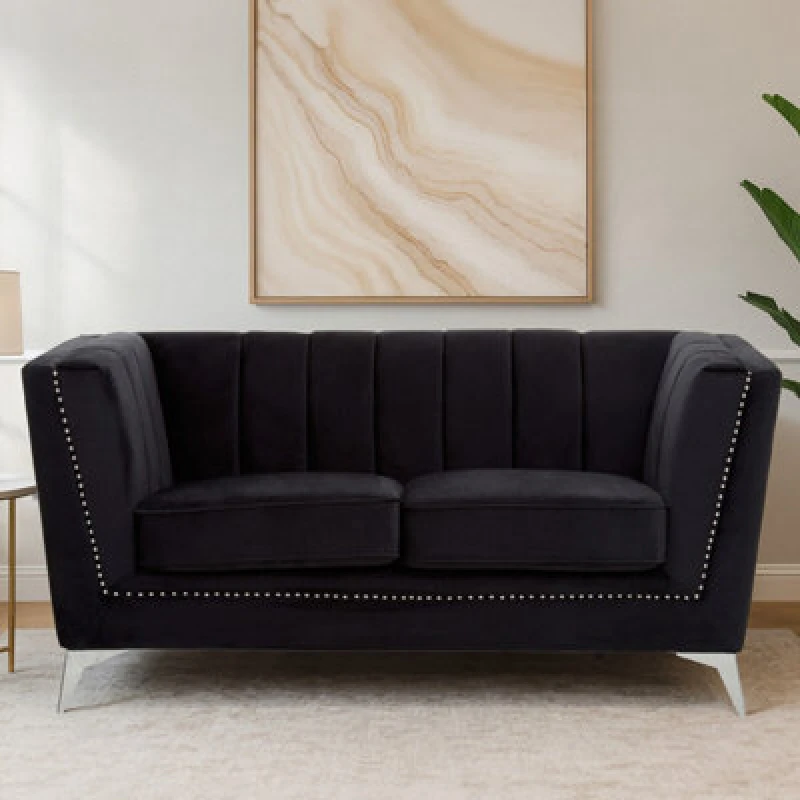 Image of Orsina Refined Two Seat Black Velvet Sofa, Velvet Upholstered Mid Century Sofa, Contemporary Sofa For Livingroom