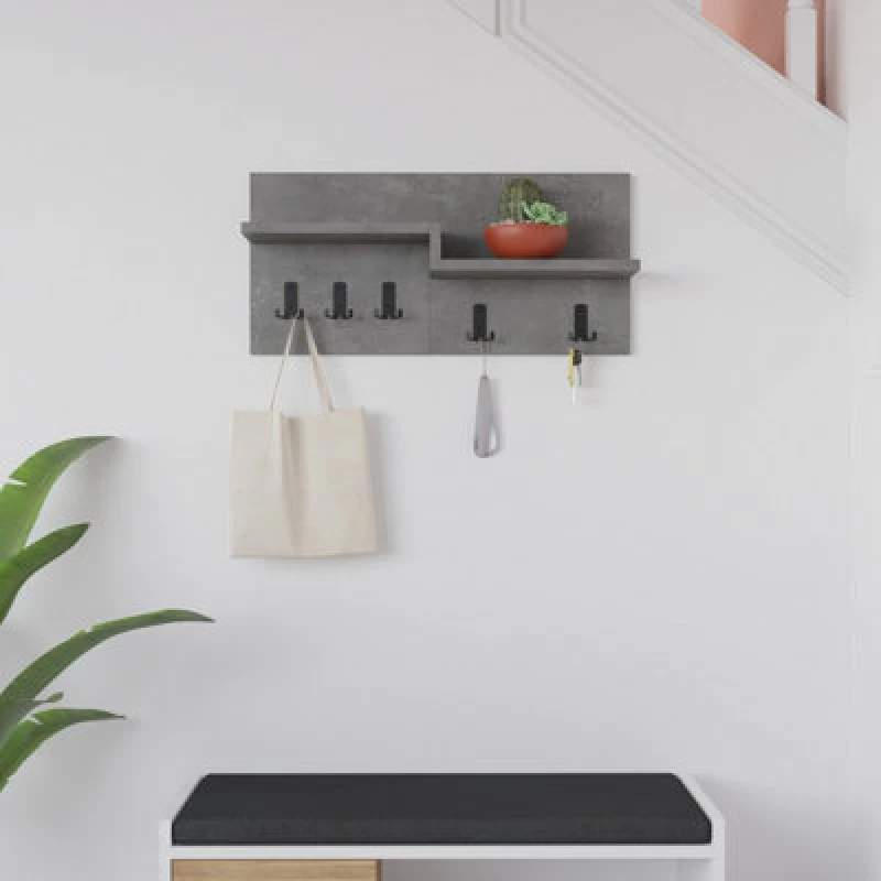 Image of Decortie Harmon Modern Wall Mounted Coat Hanger With Open Shelf Retro Grey 5 Black Metal Hooks