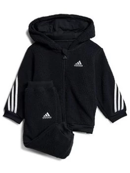 Image of Boys, Adidas Infant Unisex 3 Stripe Sherpa Full Zip Hoody & Jog Pant Set, Black/Silver, Size 18-24 Months