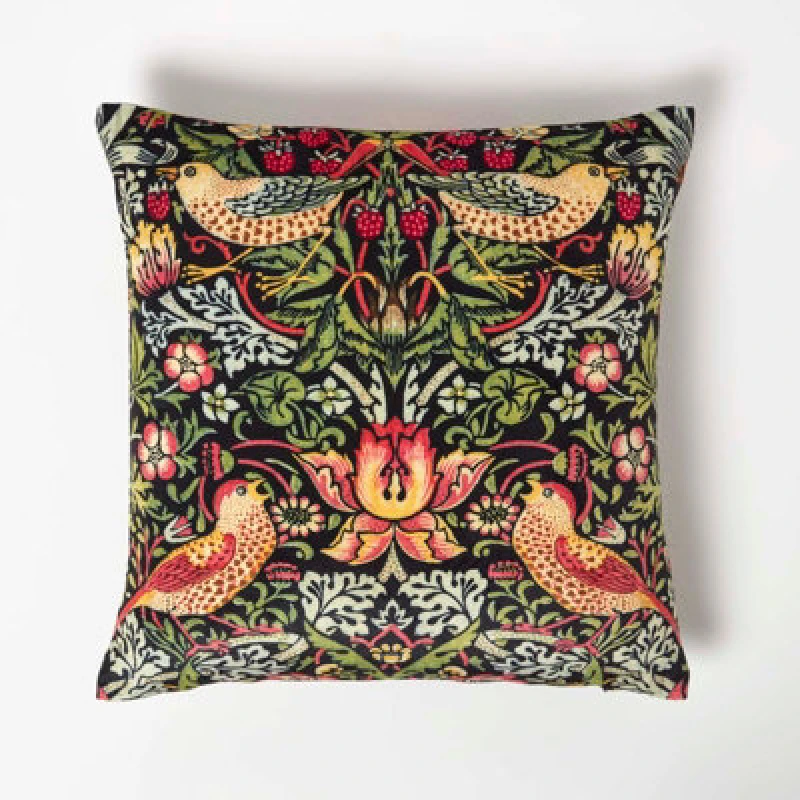 Image of Homescapes William Morris Strawberry Thief Velvet Cushion Navy