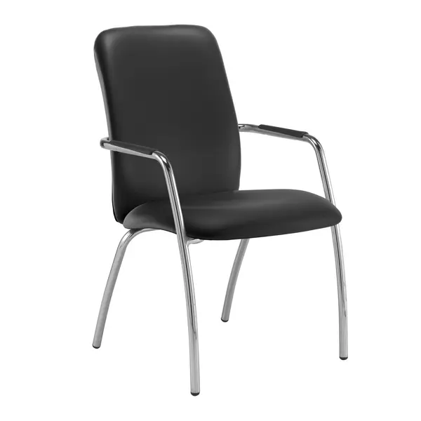 Image of Tuba chrome 4 leg frame conference chair with fully upholstered back - Nero Black vinyl
