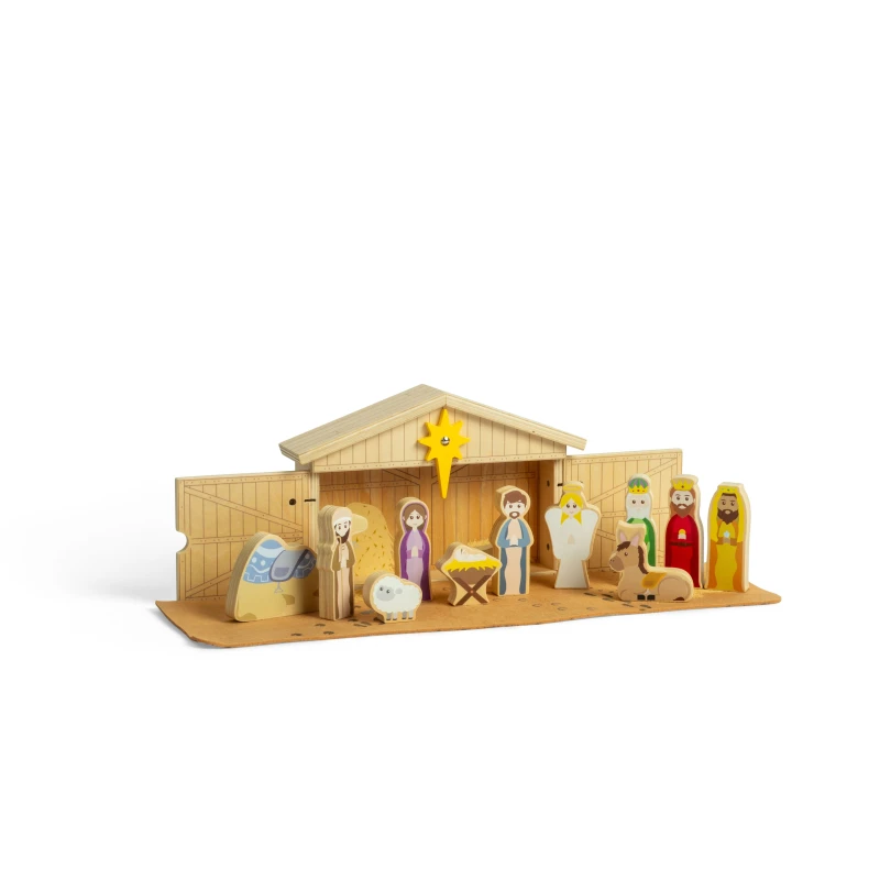 Image of Bigjigs Toys Nativity Set - 13pcs Traditional Wooden Nativity Scene, Brown 37059