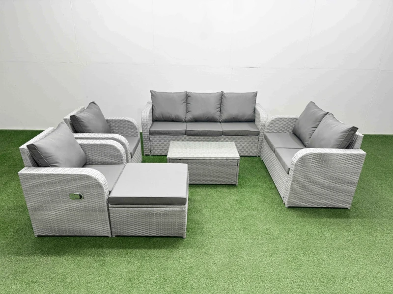 Image of Fimous PE Rattan Garden Furniture Set Adjustable Chair Sofa Double Love Seat 2 Seater Sofa Lounge Set Oblong Coffee Table Big Footstool Light Grey Lig