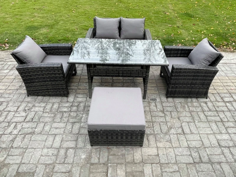 Image of Fimous Wicker Outdoor Garden Furniture Set Patio Furniture Rattan Rectangular Dining Table Lounge Sofa Set in Dark Grey Dark Grey Unisex