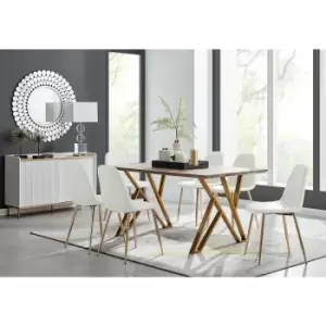 Image of Taranto Oak Effect Dining Table and 6 White Corona Faux Leather Dining Chairs with Gold Legs Diamond Stitch - White