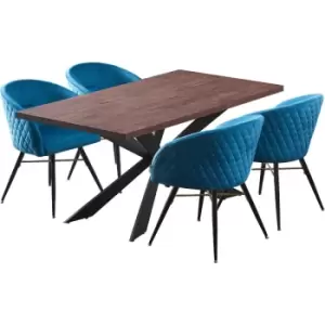 Image of 5 Pieces Life Interiors Vittorio Duke Dining Set - a Walnut Rectangular Dining Table and Set of 4 Blue Dining Chairs - Blue