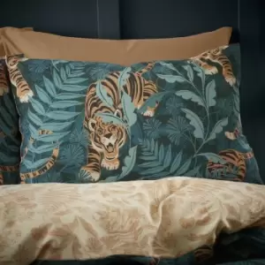 Image of Catherine Lansfield Tropic Tiger Leaf Reversible Duvet Cover Set Jungle Animal Themed Bedding Green King - Green