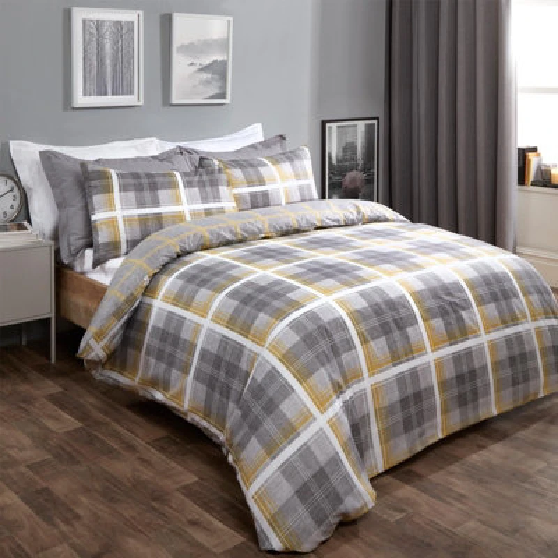 Image of OHS OHS Denim Check Duvet Cover with Pillowcase in Yellow Size: King Yellow King Unisex 5027434005925