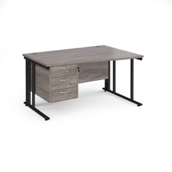 Image of Maestro 25 right hand wave desk 1400mm wide with 3 drawer pedestal - Black cable managed leg frame, grey oak top