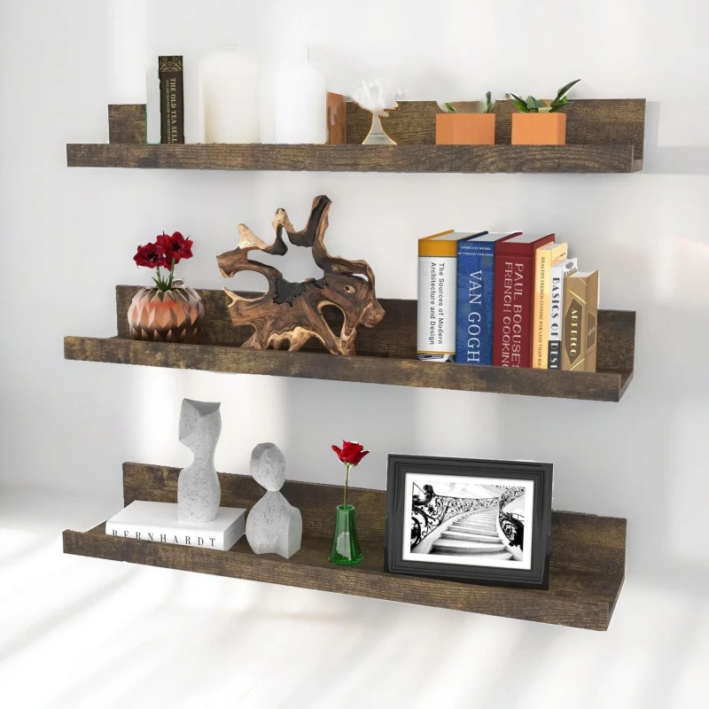 Image of Rafaelo Mobilia Set of 3 Wall Mounted Shelves Industrial Rustic Brown Brown Unisex