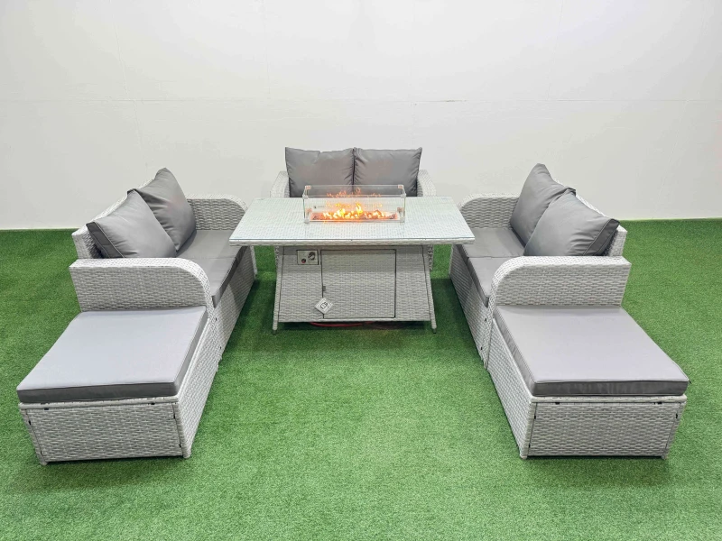 Image of Fimous 8 Seater PE Wicker Rattan Furniture Sofa Sets with Firepit Dining Table 2 Seater Love Sofa 2 Big Footstool Light Grey Light Grey
