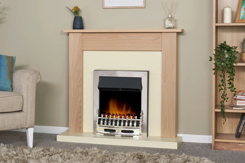 Image of Adam Fires & Fireplaces Southwold Fireplace in Oak & Cream with Blenheim Electric Fire in Chrome, 43" Grey
