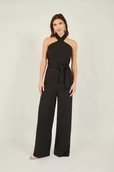 Image of Black Cross Over Halter Neck Jumpsuit