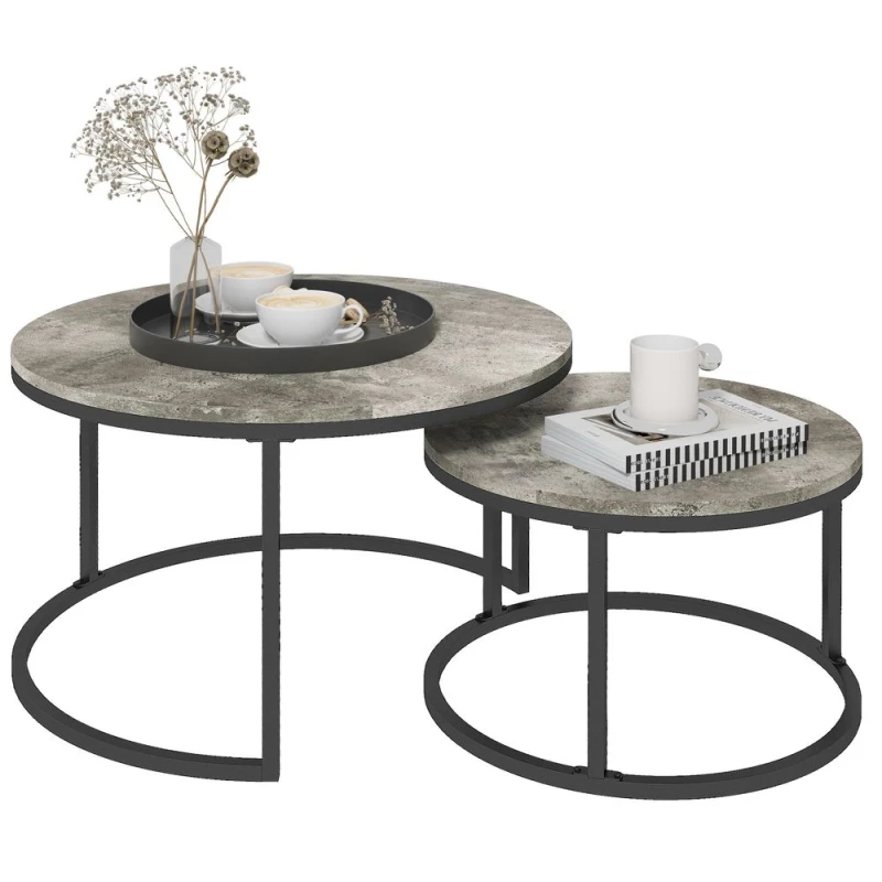 Image of HOMCOM 2 Pcs Stacking Coffee Table Set Steel Frame Marble-Effect Top Foot Pads Cement Grey - Homcom 5056725510992