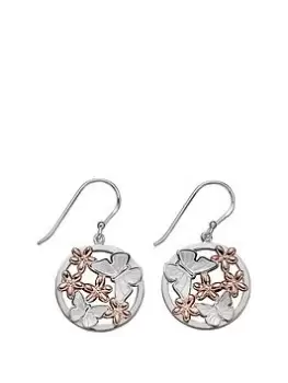 Image of The Love Silver Collection Silver Butterfly And Rose Gold Flowers Domed Profile Drop Earrings