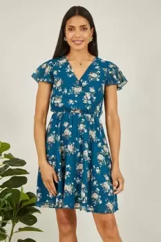 Image of Teal Floral Print Wrap Over Skater Dress