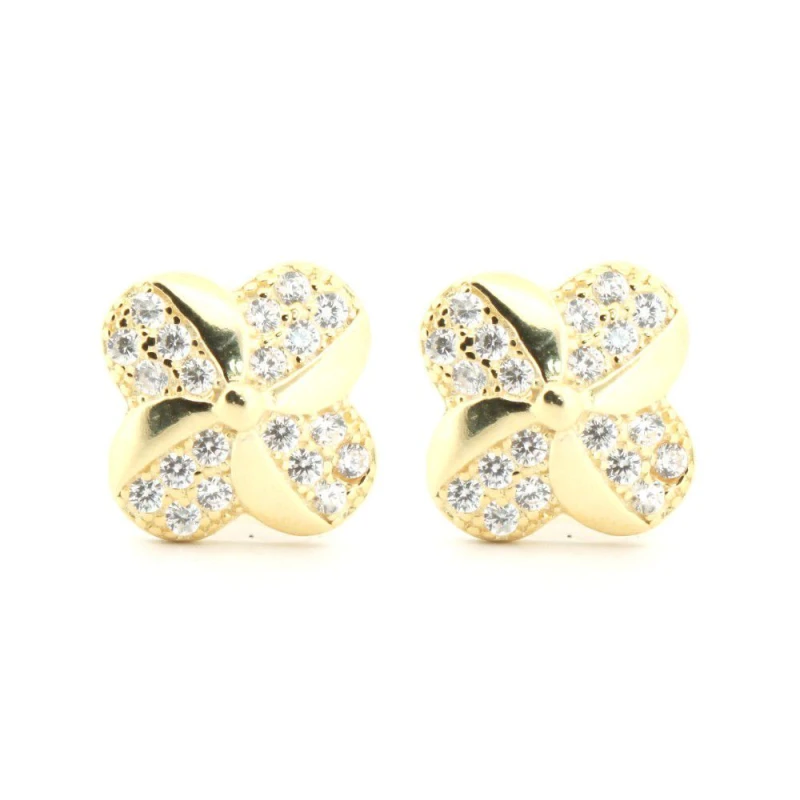 Image of Jewelco London 14k Gold-plated Silver Round CZ Quatrefoil Clover Stud Earrings - AES212 Gold female